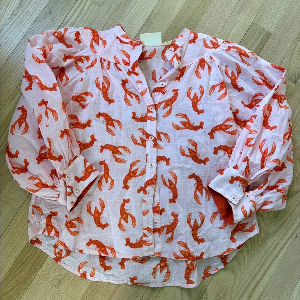 Maeve Anthropologie Lobster Print Button Down Blouse XS Pink Coastal Cotton Top - Picture 2 of 7